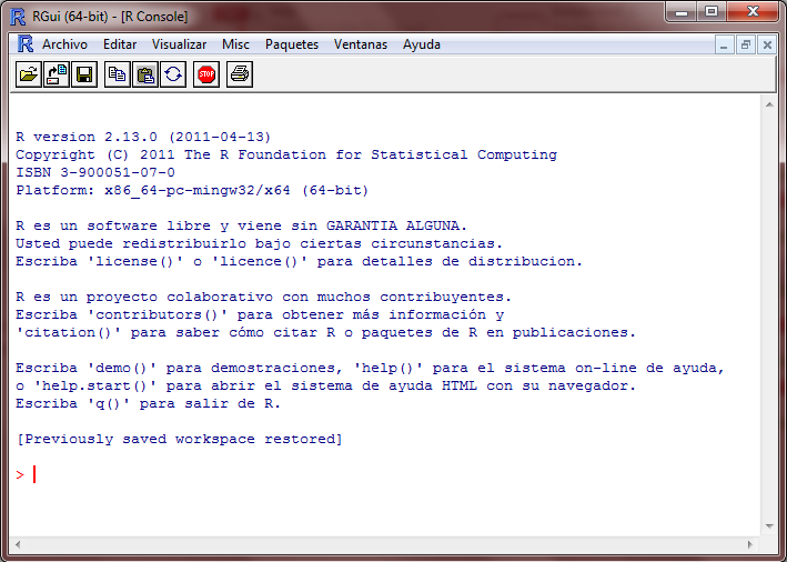 Consola de `R` en Windows (modo MDI).