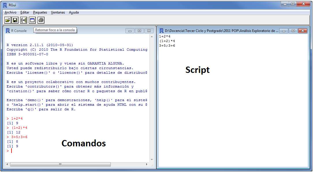 Ventanas de la consola y de *script* en Windows (modo MDI).